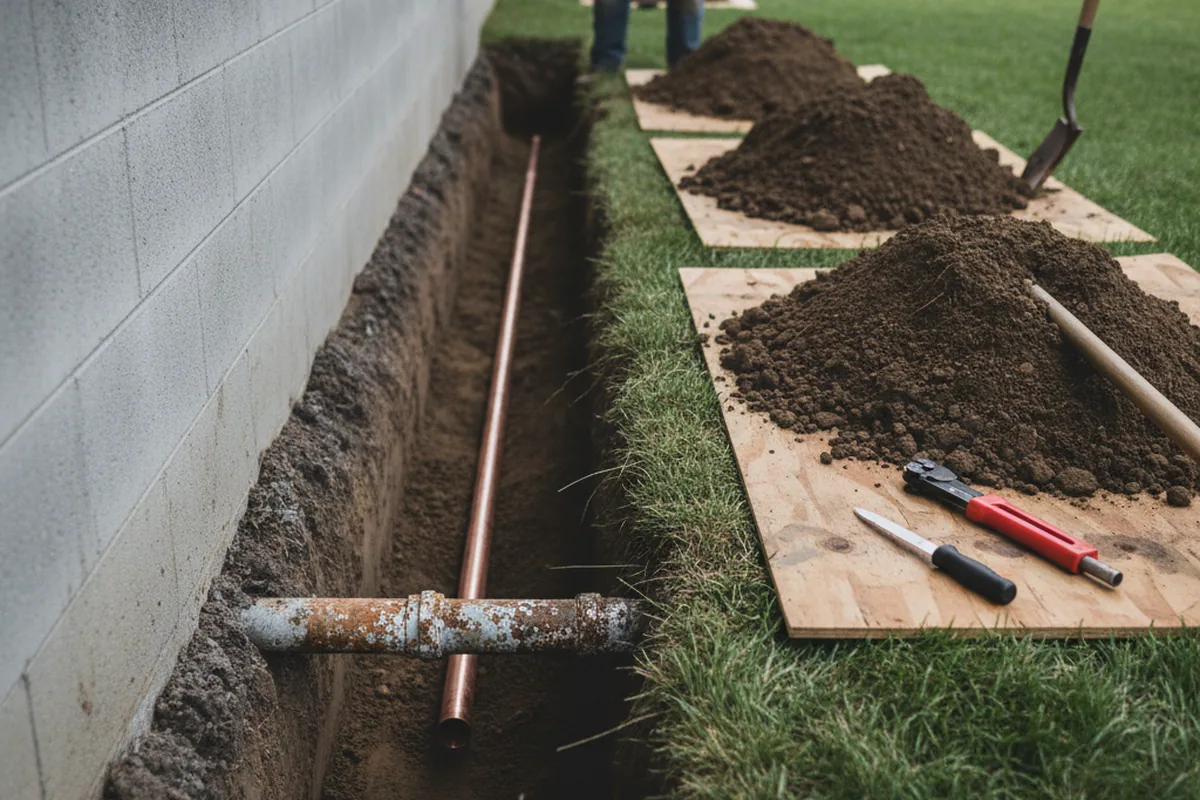 Excavated water line trench during Water Softener Installation in Brewster